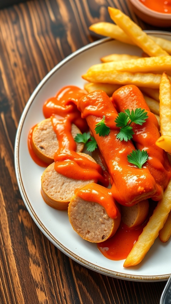 Currywurst with sliced sausages and curry ketchup, garnished with parsley, served with French fries.